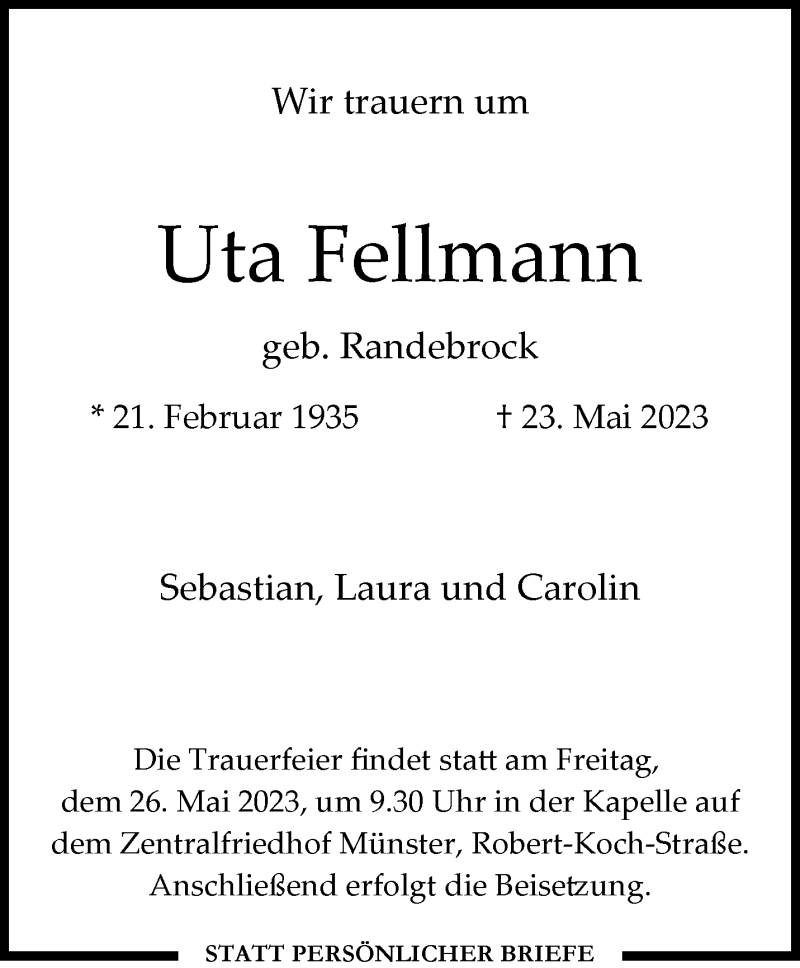  Traueranzeige für Uta Fellmann vom 25.05.2023 aus 