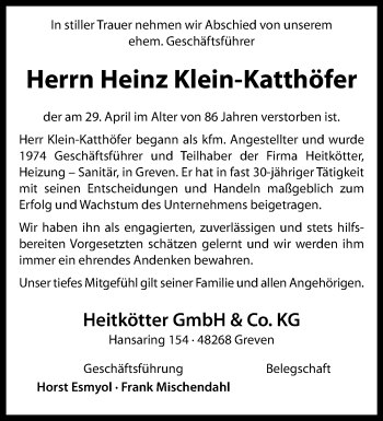 Anzeige von Heinz Klein-Katthöfer 