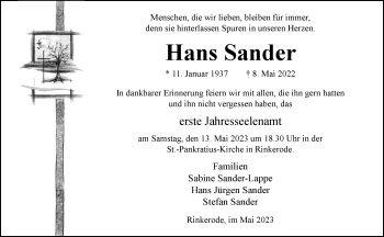 Anzeige von Hans Sander 