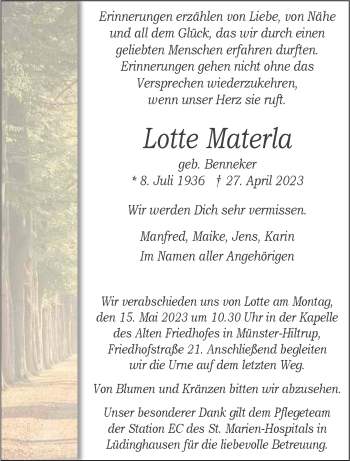 Anzeige von Lotte Materla 
