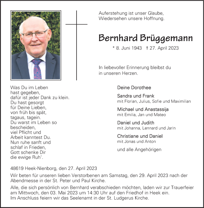  Traueranzeige für Bernhard Brüggemann vom 29.04.2023 aus 