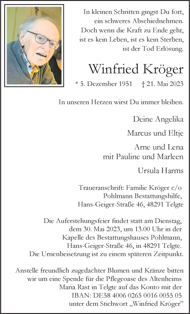  Traueranzeige für Winfried Kröger vom 27.05.2023 aus 
