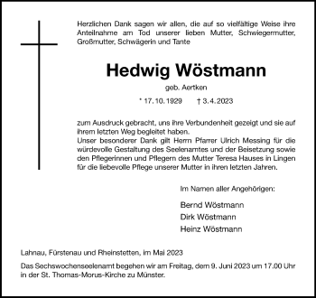 Anzeige von Hedwig Wöstmann 