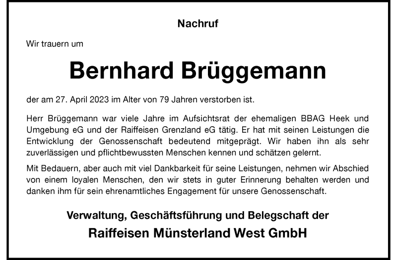  Traueranzeige für Bernhard Brüggemann vom 05.05.2023 aus 