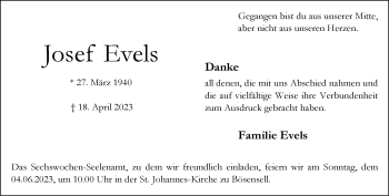 Anzeige von Josef Evels 