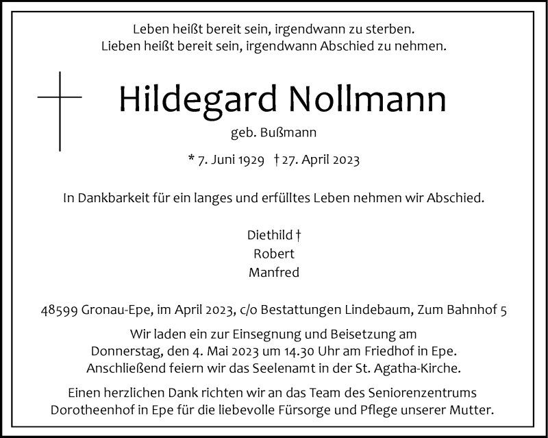  Traueranzeige für Hildegard Nollmann vom 29.04.2023 aus 