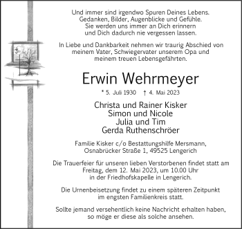 Anzeige von Erwin Wehrmeyer 