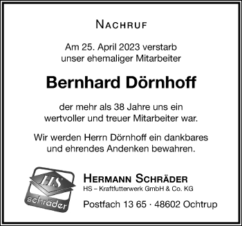 Anzeige von Bernhard Dörnhoff 