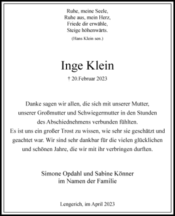 Anzeige von Inge Klein 