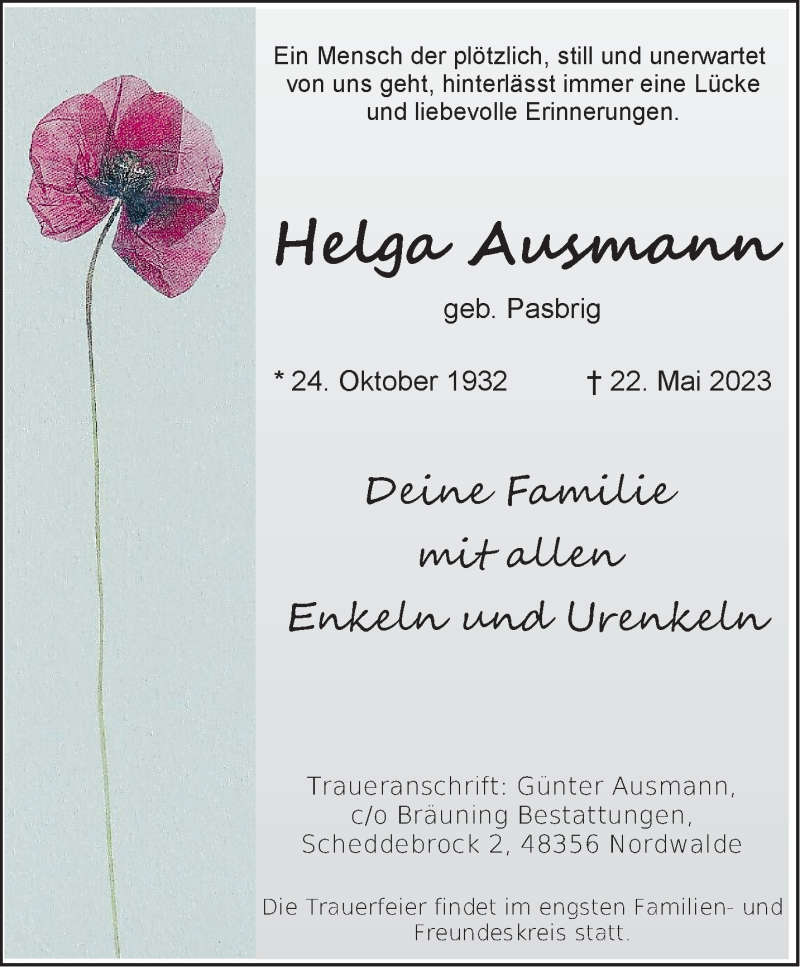  Traueranzeige für Helga Ausmann vom 24.05.2023 aus 