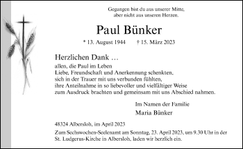 Anzeige von Paul Bünker 