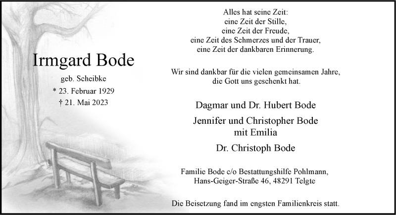  Traueranzeige für Irmgard Bode vom 27.05.2023 aus 