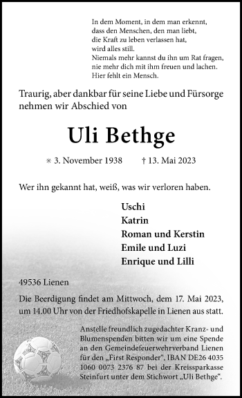 Anzeige von Uli Bethge 