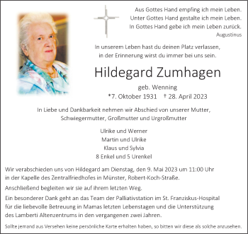 Anzeige von Hildegard Zumhagen 