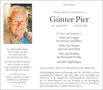 Anzeige von Günter Pier 