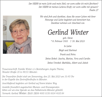 Anzeige von Gerlind Winter 