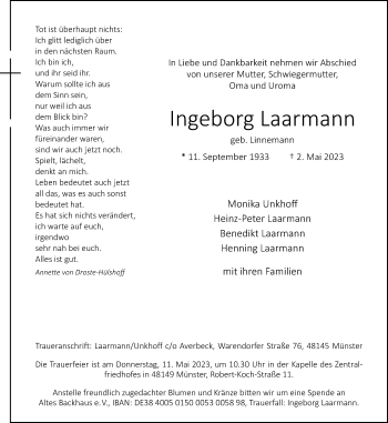Anzeige von Ingeborg Laarmann 