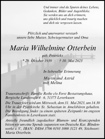 Anzeige von Maria Wilhelmine Otterbein 