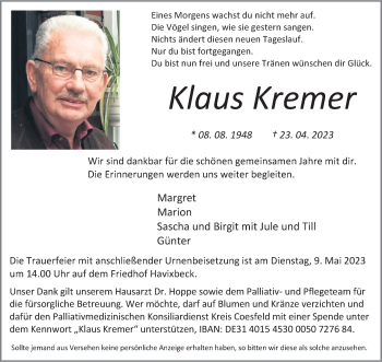 Anzeige von Klaus Kremer 