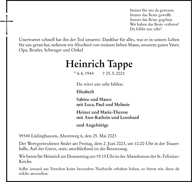  Traueranzeige für Heinrich Tappe vom 31.05.2023 aus 