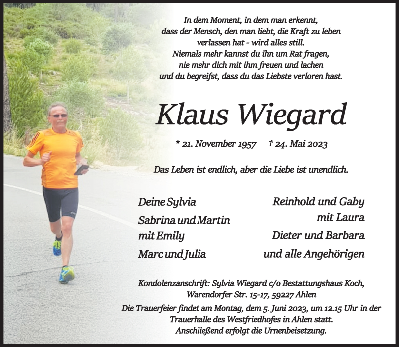  Traueranzeige für Klaus Wiegard vom 31.05.2023 aus 