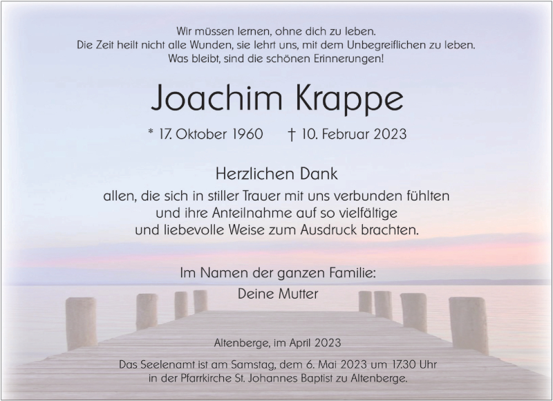 Traueranzeige für Joachim Krappe vom 29.04.2023 aus 
