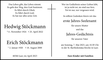 Anzeige von Hedwig und Erich Stöckmann 