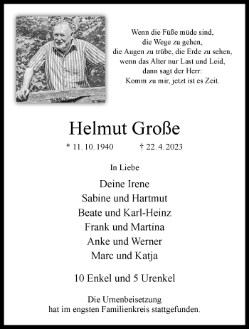 Anzeige von Helmut Große 