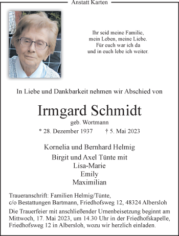 Anzeige von Irmgard Schmidt 