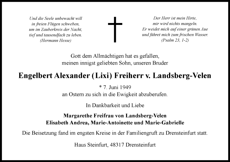  Traueranzeige für Engelbert Alexander Freiherr v. Landsberg-Velen vom 06.05.2023 aus 
