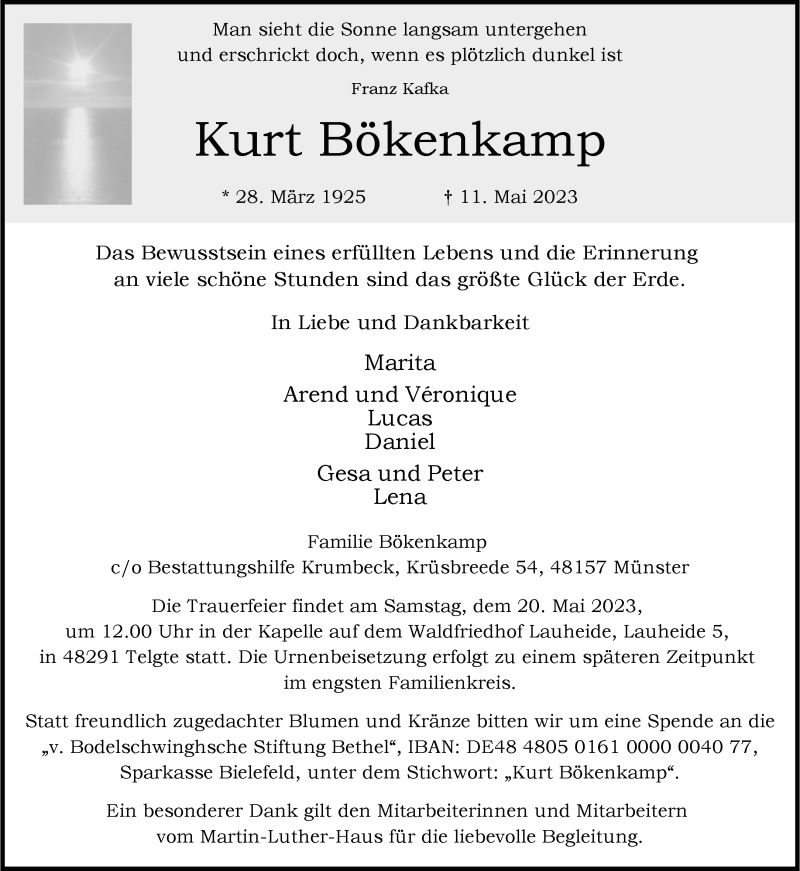  Traueranzeige für Kurt Bökenkamp vom 17.05.2023 aus 