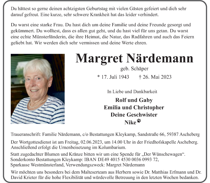  Traueranzeige für Margret Närdemann vom 31.05.2023 aus 