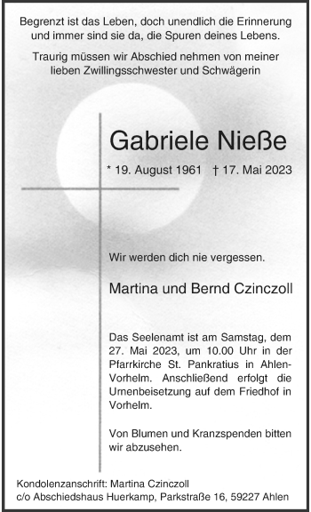 Anzeige von Gabriele Nieße 
