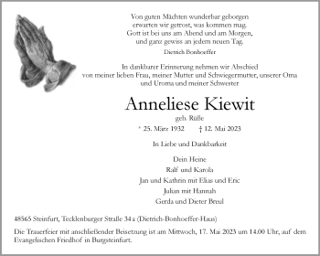 Anzeige von Anneliese Kiewit 