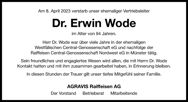  Traueranzeige für Dr. Erwin Wode vom 05.05.2023 aus 