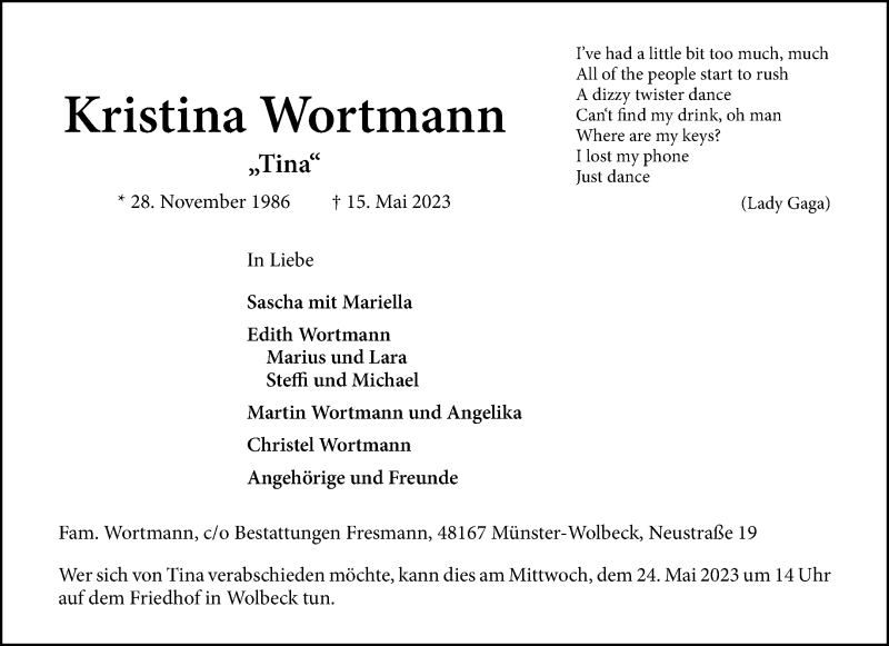  Traueranzeige für Kristina Wortmann vom 20.05.2023 aus 