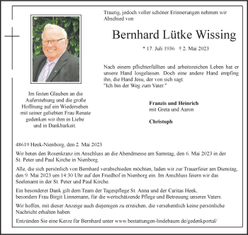 Anzeige von Bernhard Lütke Wissing 