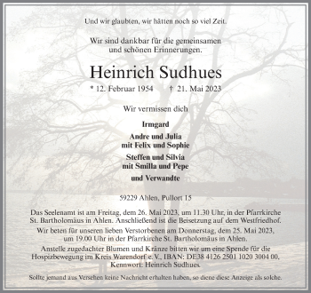Anzeige von Heinrich Sudhues 