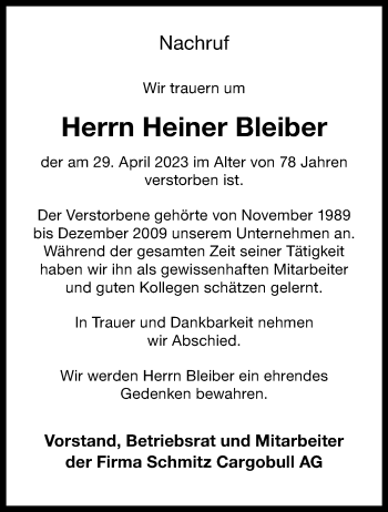 Anzeige von Heiner Bleiber 