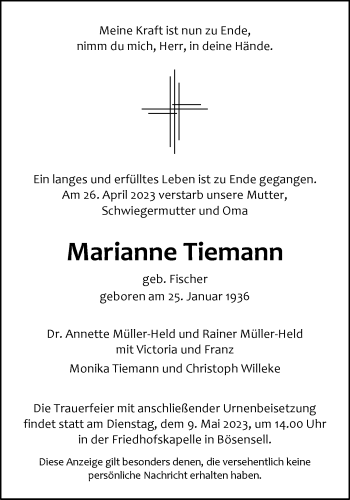 Anzeige von Marianne Tiemann 