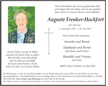 Anzeige von Auguste Frenker-Hackfort 