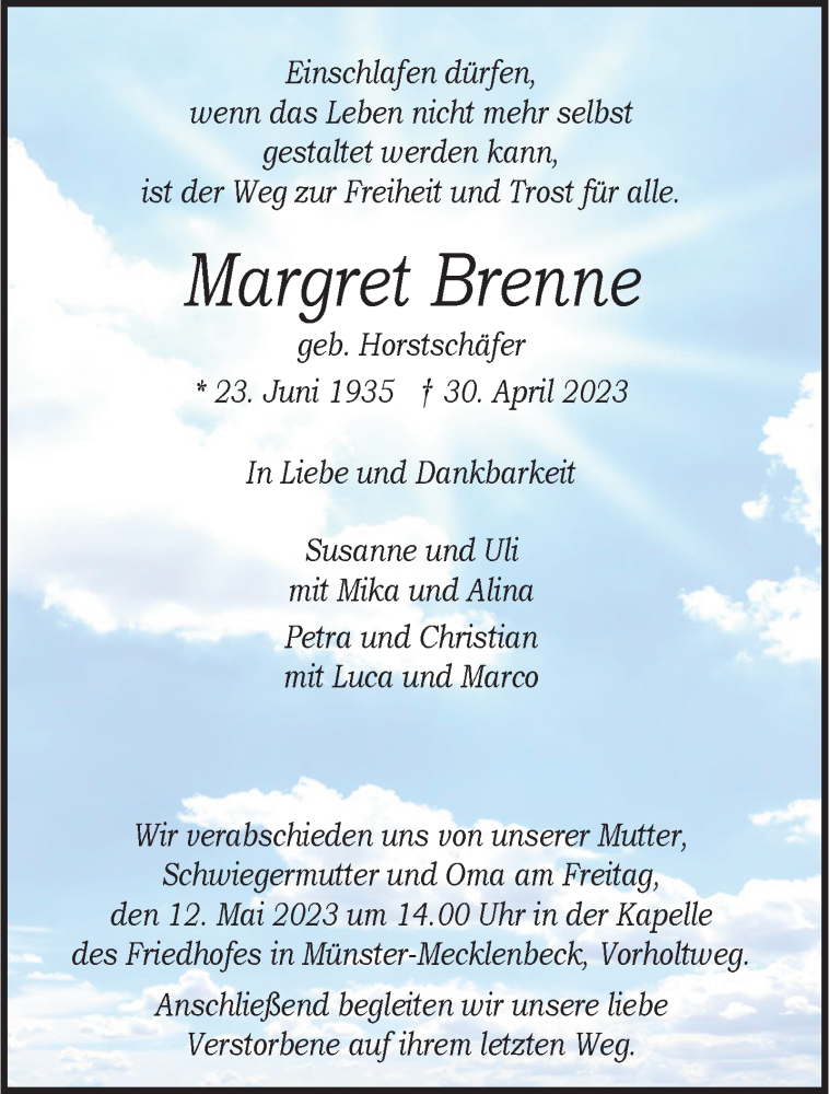  Traueranzeige für Margret Brenne vom 06.05.2023 aus 