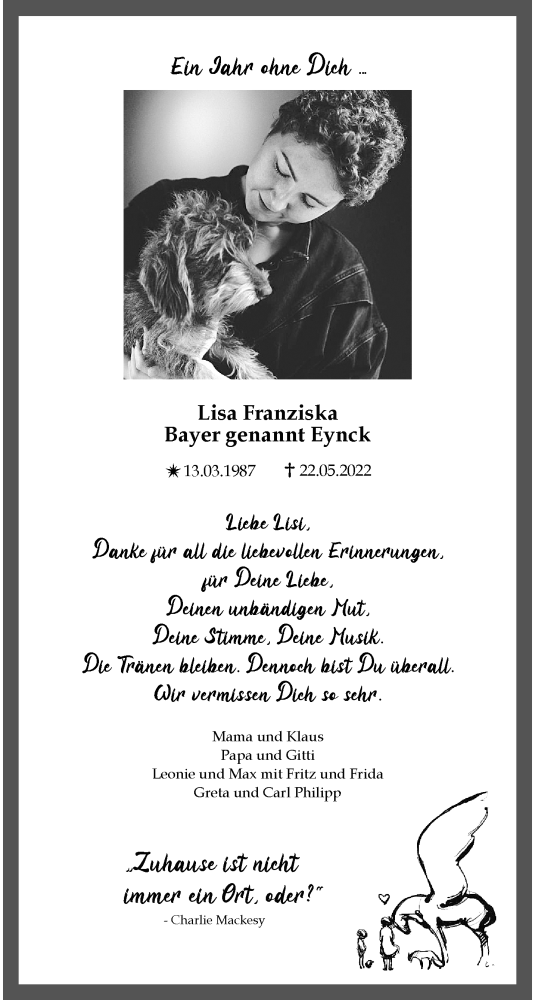  Traueranzeige für Lisa Franziska Bayer-Eynck vom 22.05.2023 aus 