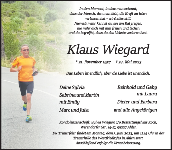 Anzeige von Klaus Wiegard 