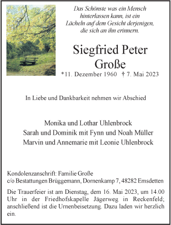 Anzeige von Siegfried Peter Große 
