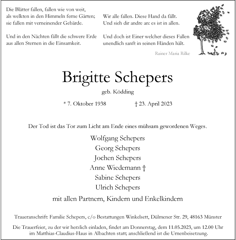  Traueranzeige für Brigitte Schepers vom 03.05.2023 aus 