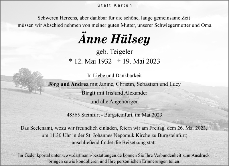  Traueranzeige für Änne Hülsey vom 24.05.2023 aus 