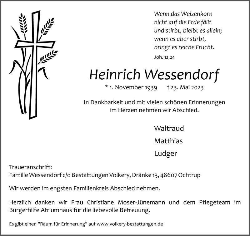  Traueranzeige für Heinrich Wessendorf vom 26.05.2023 aus 