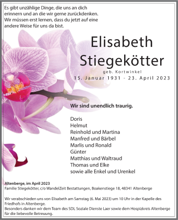 Anzeige von Elisabeth Stiegekötter 