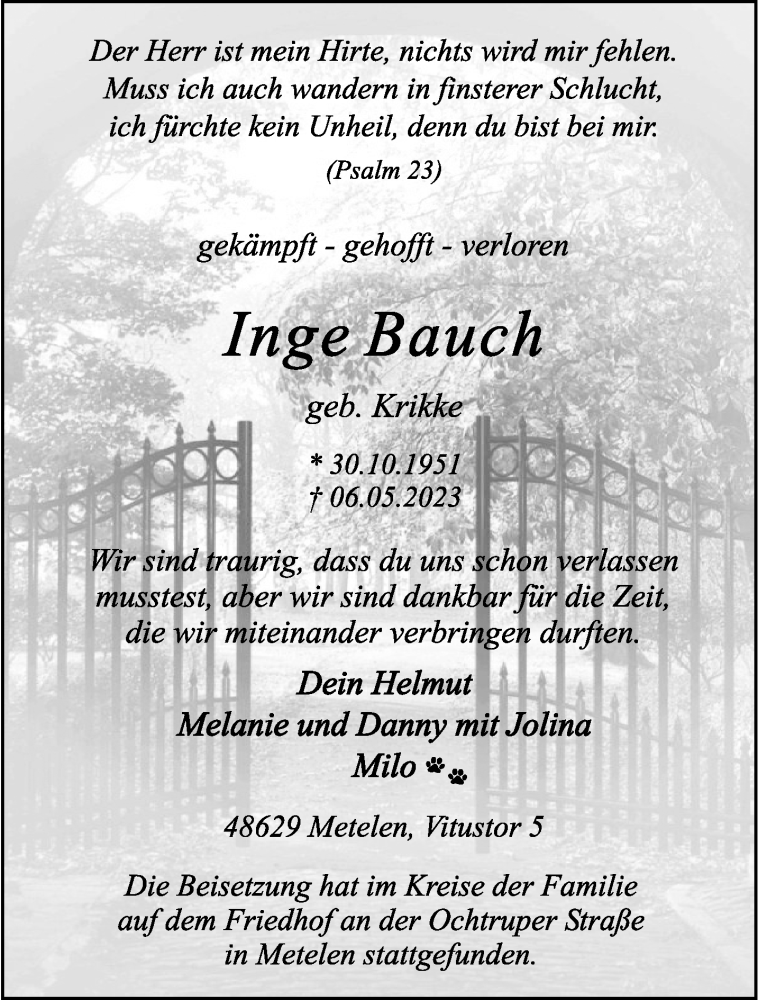  Traueranzeige für Inge Bauch vom 15.05.2023 aus 